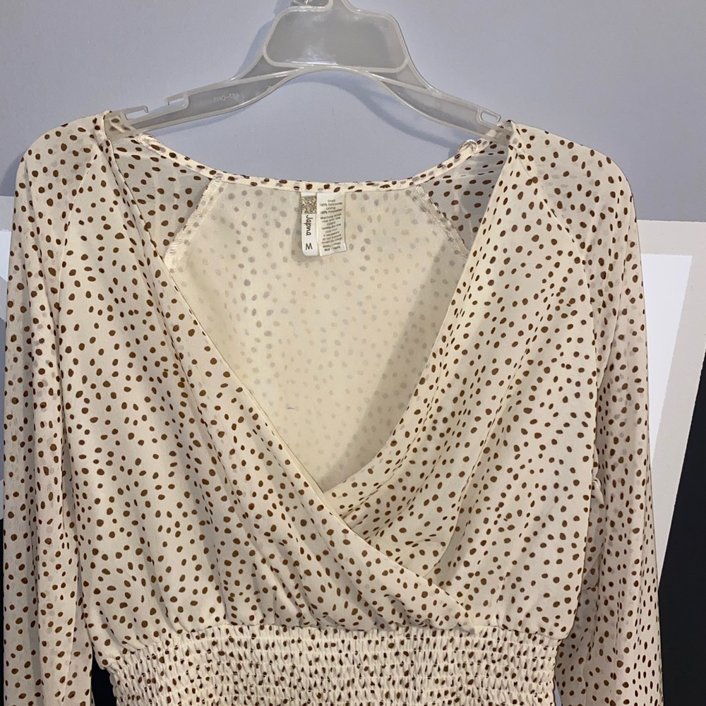 Brown and Cream Polka Dot Blouse Size: M - Picture 2 of 6